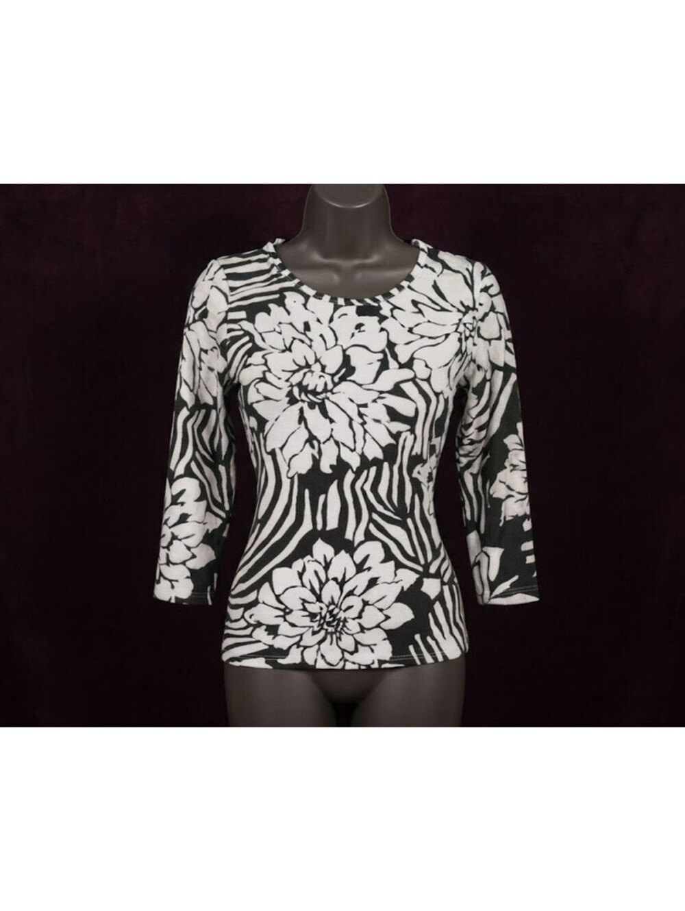 Cathy Daniels Black & White Floral Zebra Print Long Sleeve Top Size Small